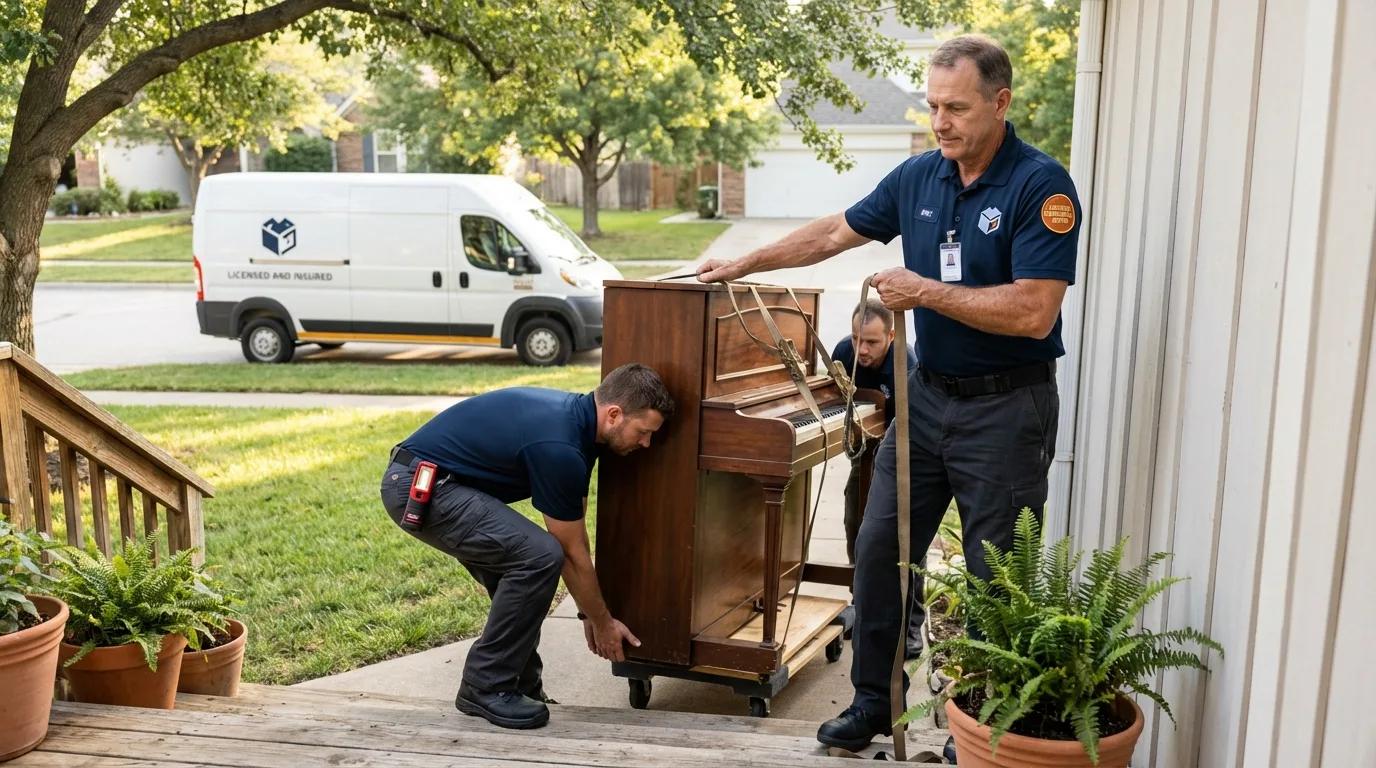 Licensed piano movers securing grand piano in Guin, AL